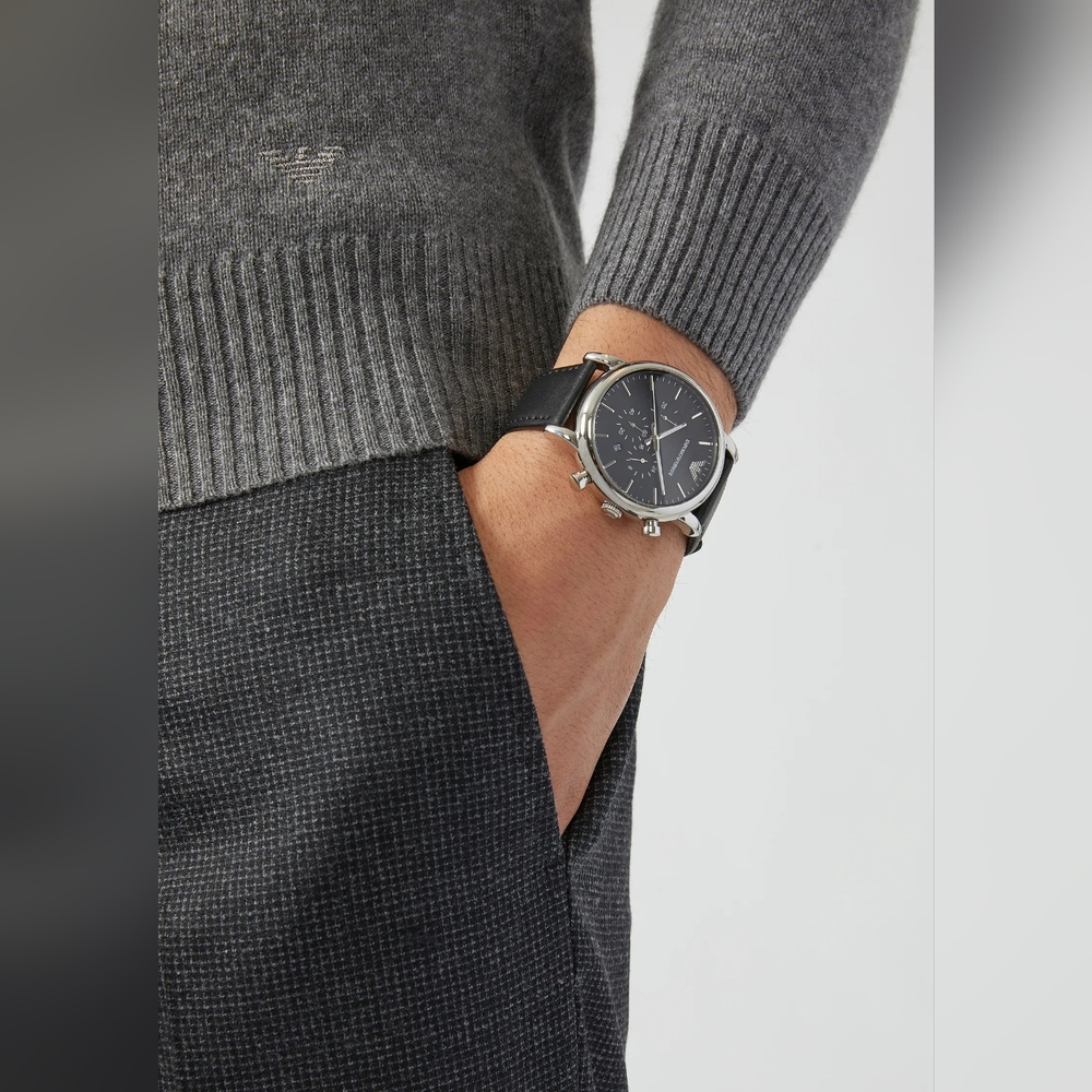 Armani, Chronograph Black Leather Watch